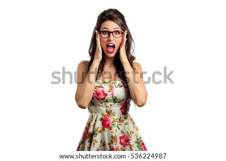 Isolated woman on white background shows stress fear panic anxiety in shock and disbelief