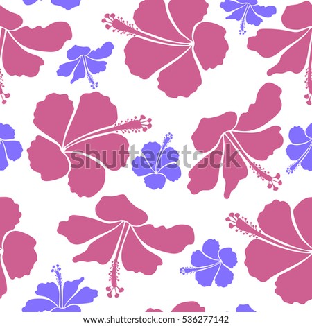 Aloha Hawaii, Luau Party invitation on white background with hibiscus flowers in pink and violet colors. Aloha T-Shirt design. Best creative design for poster, flyer, presentation. Seamless pattern.