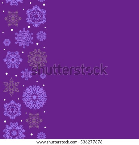 Template for cover, poster, t-shirt or fabric. Vertical winter illustration on purple background with copy space (place for your text). Hand drawn abstract snowflakes seamless.