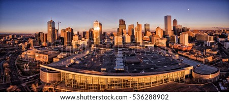 Aerial drone panorama of a sunset over the capital city of Denver, Colorado