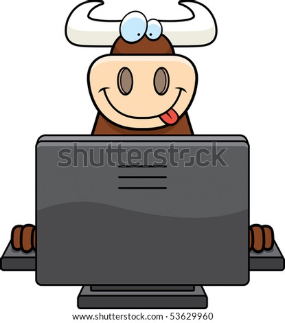 A happy cartoon bull with a computer.
