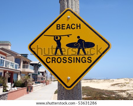 Beach crossing warning sign along a busy Southern California bike route.