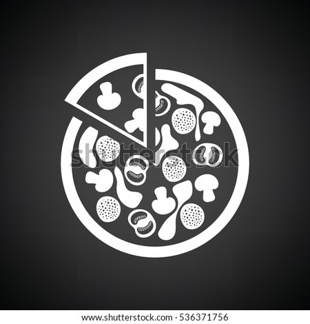 Pizza on plate icon. Black background with white. Vector illustration.