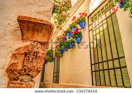 Beautiful White Walls Decorated with Colorful Flowers - Old European Town, Cordoba, Spain
