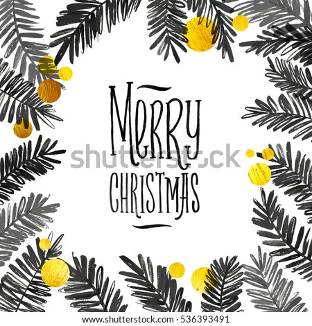 Merry Christmas Black and Gold Card. Golden Shiny Glitter and Watercolor Tree Branches. Calligraphy Greeting Poster Template. Isolated White Background. Glowing Illustration.