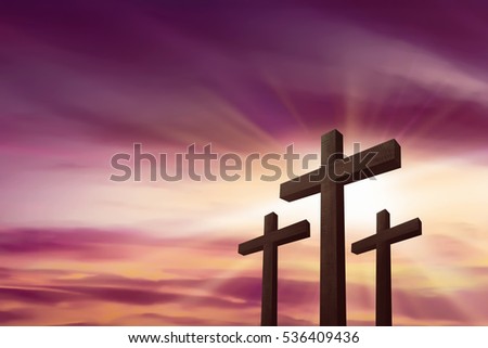 Three crosses over sky background. Religious concept