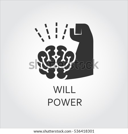 Label of willpower, self-control as brain and muscle hand. Simple black icon. Logo drawn in flat style. Black shape pictograph for your design needs. Vector contour silhouette on white background. Royalty-Free Stock Photo #536418301