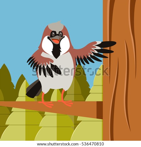 Vector image of the Happy Sparrow on the Tree flat background