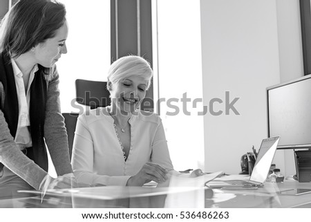 Smiling businesswoman and female manager reviewing project in office