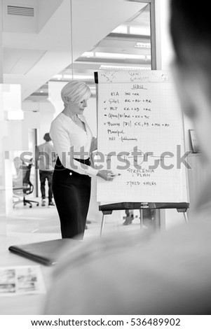 Mature businesswoman giving presentation using flipchart in meeting room