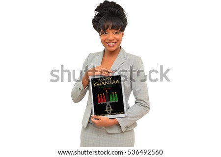 Happy Kwanzaa Creativity (Kuumba) Tablet Kinara Candle Holder Sixth Principle Family Community Culture African American Business woman isolated on white background