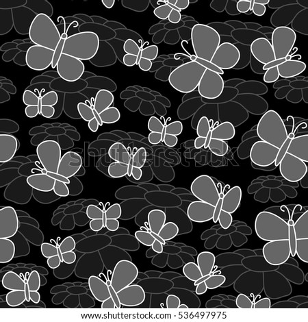 Vector seamless pattern. Modern stylish texture. Repeating abstract background with hand drawn flowers and butterflies.