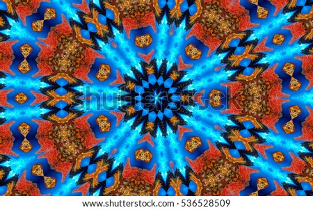 Geometric kaleidoscope print abstract image red, yellow, orange, blue, black shades. Pictures for vj and disco. A psychedelic print with many elements. In the form of flowers background images.