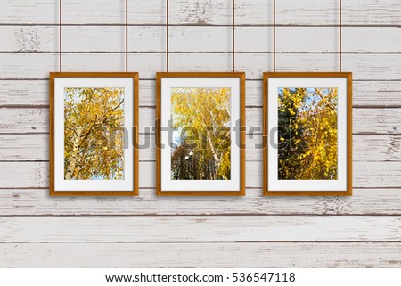 Three wooden frames with colorful autumn motif pictures, hanging on cords against old painted wood panels wall. Retro style, rustic home decor idea mock up