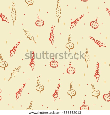Holiday seamless pattern with ornaments, decorations and confetti. Vector flat illustration with hand drawn elements.
