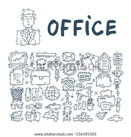 Office Icons Set. Business, office work, workplace. Hand drawn vintage style. Flat design vector illustration.