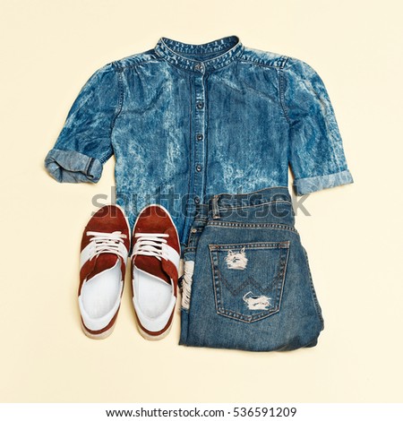 Fashion accessories urban hipster set. Unusual creative look. Denim style. shirt, jeans, sneakers, Casual outfit Street