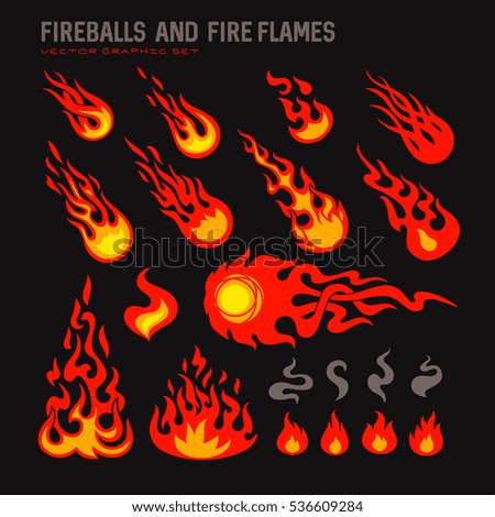 fireballs and flames icons set, isolated vector graphic illustration on black background