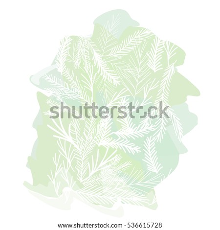Vector winter background with hand drawn fir and pine tree branches in watercolor style. White silhouettes on light blue and green semi- transparent background