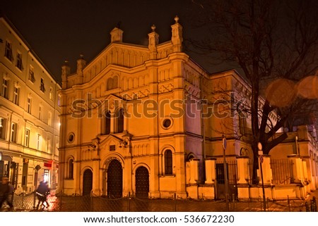 The Tempel Synagogue in the Kazimierz district of Krakow. The Moorish Revival building was designed by Ignacy Hercok, and built in 1860Ã¢??1862 along Miodowa Street.  Royalty-Free Stock Photo #536672230