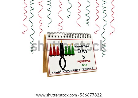 Kwanzaa Purpose (Nia) Day Five Calendar Kinara Candle Holder Family Community Culture Ribbons isolated on white background