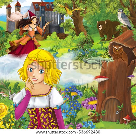 Cartoon scene with beautiful princess in front of some castle - standing in the forest - illustration for children