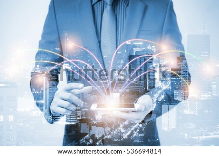 double exposure of businessmen using smart phone with blur city night and network connection concept 