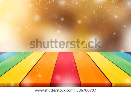 Empty tabletop with blurry abstract background and snow effect for product display or montage your job editing.