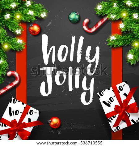 Christmas greeting card with gift box . Happy new year. Xmas vector background. Hand drawn calligraphy. concept handwritten Holly Jolly 