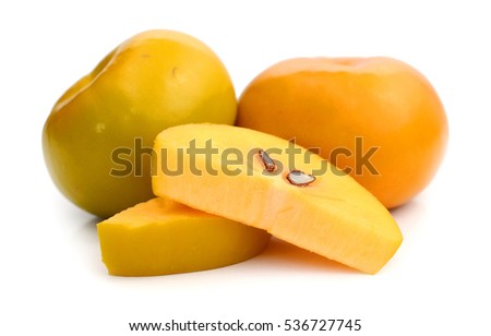 macro photo of a bright sweet persimmon isolated on white background