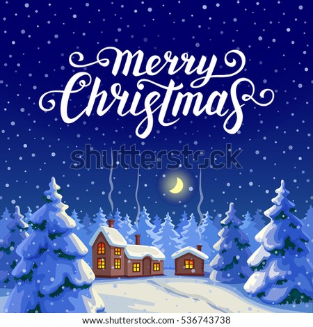 Merry Christmas text. Calligraphic Lettering. Greeting card template. Vector illustration of fir forest. Winter night landscape. New year and Xmas Holidays design.