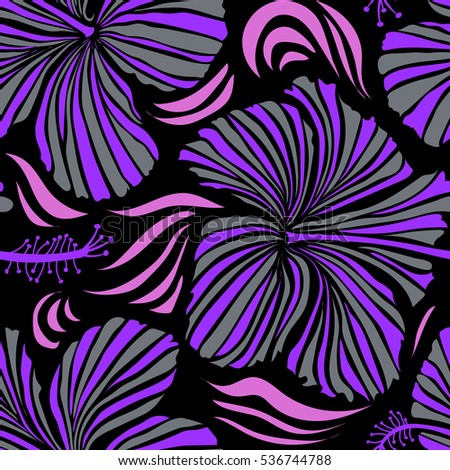 Hibiscus flowers in gray and violet colors. Watercolor painting effect, vector illustration of a hibiscus flower, blossom with multicolored leaves isolated hand drawn on black background.