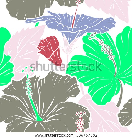 Hawaiian tropical natural floral seamless pattern in green and pink colors. Hibiscus flowers on a white background in a trendy vector style.