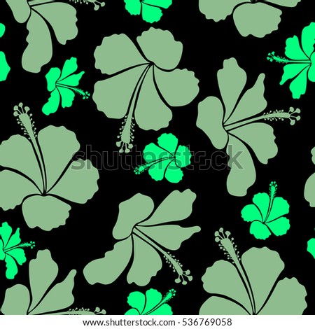 Hand painted. Pattern in neutral and green colors with tropic summertime motif may be used as texture, wrapping paper, for textile. Vector seamless pattern of tropical hibiscus flowers, dense jungle.