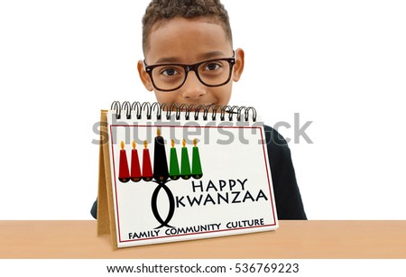 Happy Kwanzaa Calendar Family Community Culture Boy wearing eye glasses smiling looking at camera