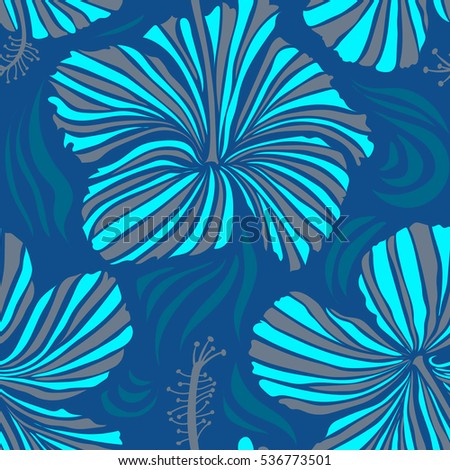 Neutral and blue hibiscus flowers in a trendy vector style. Hawaiian tropical natural floral seamless pattern in neutral and blue colors.