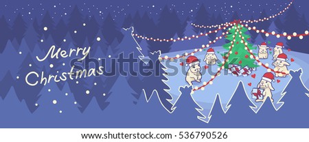 Cartoon illustration of cute bunnies in Santa Claus hats celebrating Christmas in the forest. Blue colors. Pop-under banner. Vector clip-art.