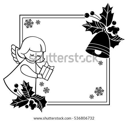 Black and white rouen Christmas frame with cute angels. Copy space. Winter holidays background. Vector clip art.