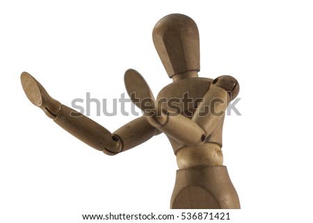 Wooden model holding up his hand in a Halt or Stop gesture as he signals he has had enough,