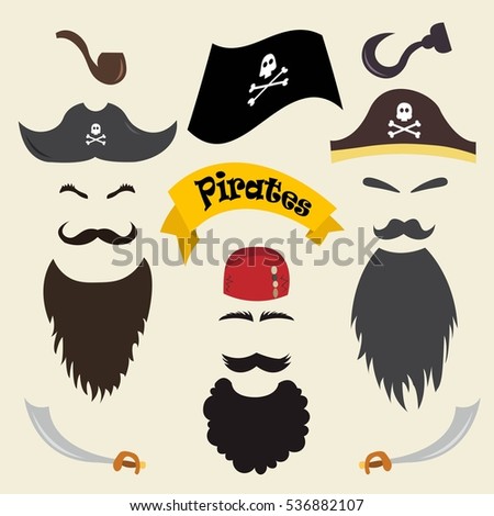 Vector set of pirate elements. Pirate photo booth props and scrapbooking collection, beards, mustaches, eyebrows, hats, bandanas, hook, sword, pipe. Vector illustration Royalty-Free Stock Photo #536882107