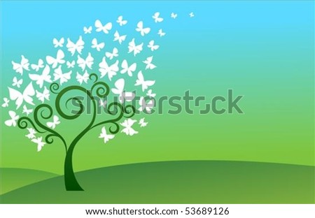 Green background with hills, tree and white butterflies