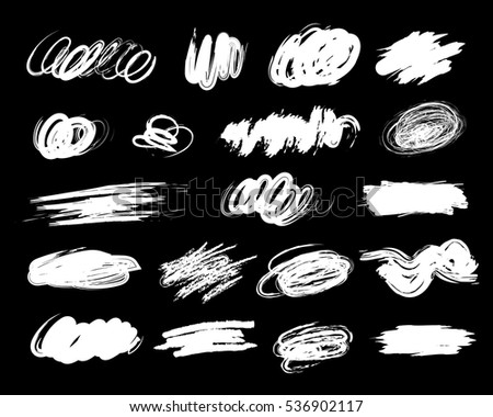 White scribble stains. Grunge paint stripe. Charcoal chalk texture. Vector illustration. Isolated on black background