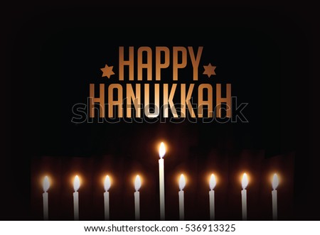 Happy Hanukkah golden text lit by menorah candles.