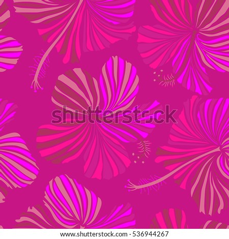 Seamless pattern on magenta background. Multicolor hibiscus flower with leaves and buds.