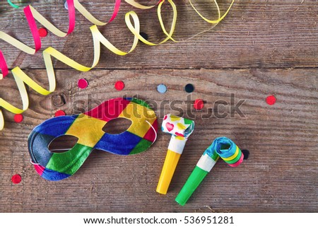 accessories for parties and carnival on wood Royalty-Free Stock Photo #536951281