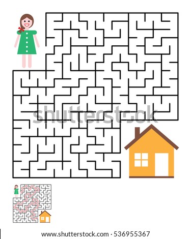 Labyrinth, maze conundrum for kids. Entry and exit. Children puzzle game. Help the girl to get home. Vector illustration