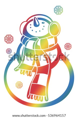 Color gradient filled contour of a snowman and snowflakes on a white background. Raster clip art.