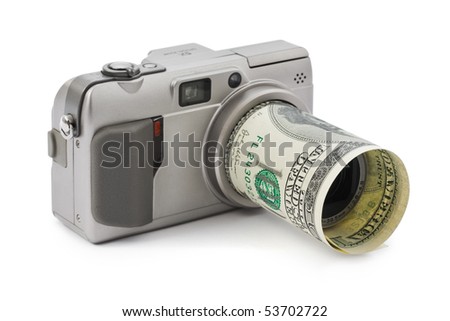 Photo camera and money isolated on white background