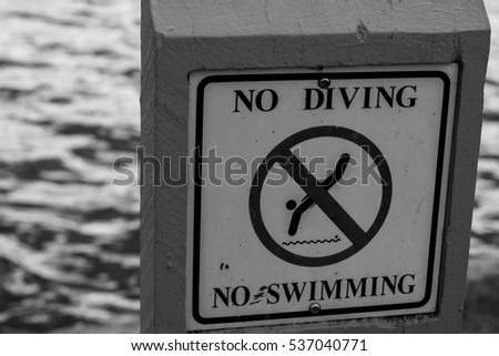 No diving and no swimming sign with lake background.