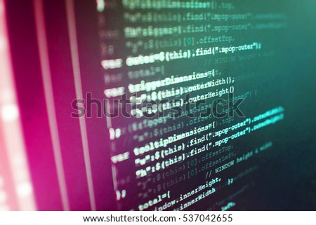 IT business.  HTML website structure. Displaying program code on computer. Programmer occupation job. PC software creation business. Web site codes on computer monitor. 
